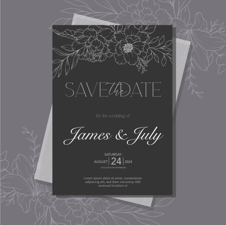 Line Art Peony Flower  Wedding Invitation template,  Outline Peony Minimalist Wedding Stationeryのイラスト素材