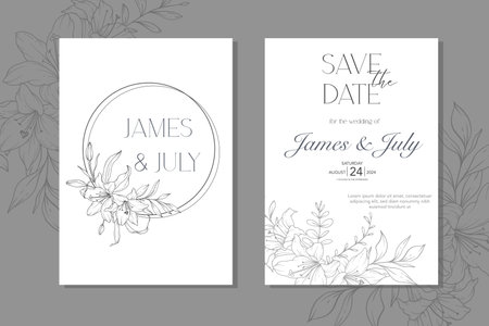 Line Art Lily Flower  Wedding Invitation template,  Outline Lily Minimalist Wedding Stationeryのイラスト素材