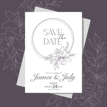 Line Art Lily Flower  Wedding Invitation template,  Outline Lily Minimalist Wedding Stationeryのイラスト素材