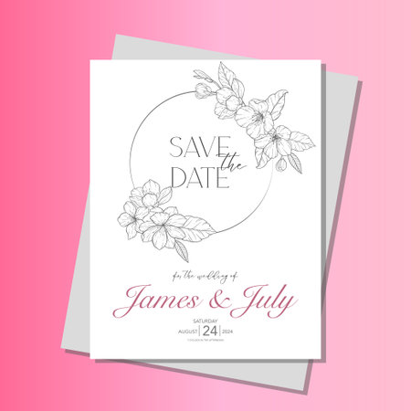 Line Art Cherry Blossom Wedding Invitation template, Outline Sakura Minimalist Wedding Stationeryのイラスト素材