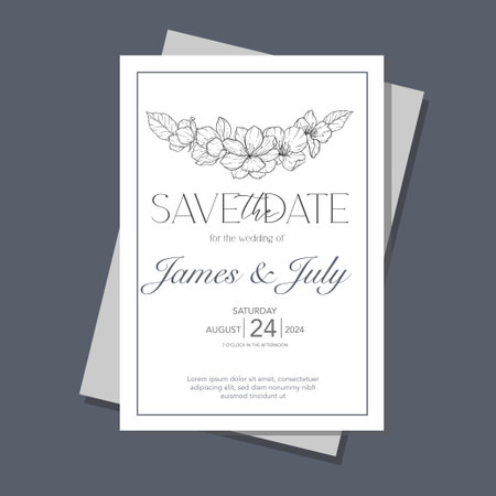 Line Art Cherry Blossom Wedding Invitation template, Outline Sakura Minimalist Wedding Stationeryのイラスト素材