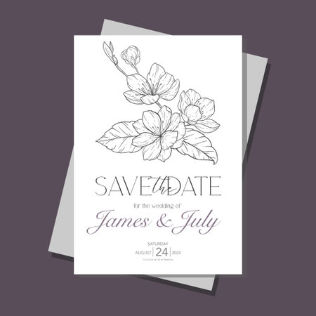 Line Art Cherry Blossom Wedding Invitation template, Outline Sakura Minimalist Wedding Stationeryのイラスト素材