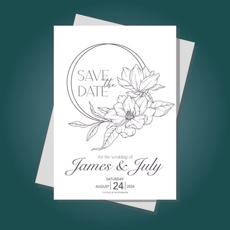Line Art magnolia Flower Wedding Invitation template, Outline magnolia Minimalist Wedding Stationeryのイラスト素材