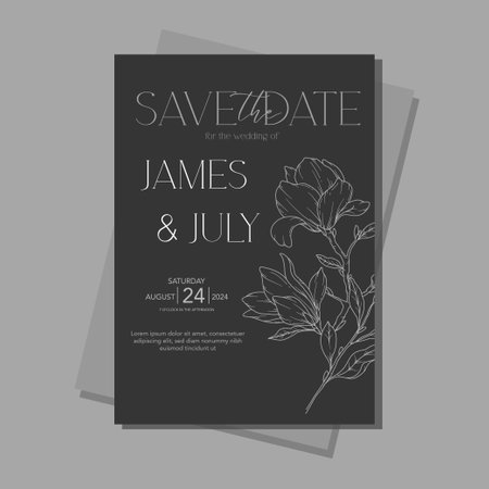 Line Art magnolia Flower Wedding Invitation template, Outline magnolia Minimalist Wedding Stationeryのイラスト素材