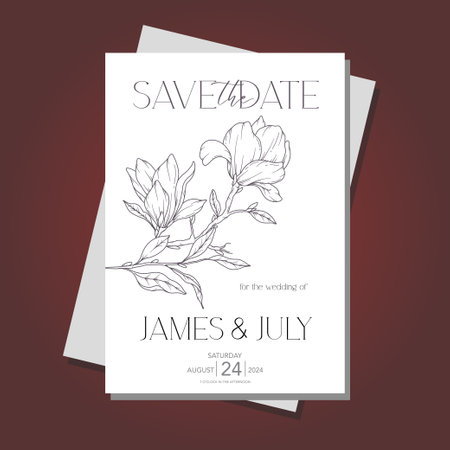 Line Art magnolia Flower Wedding Invitation template, Outline magnolia Minimalist Wedding Stationeryのイラスト素材