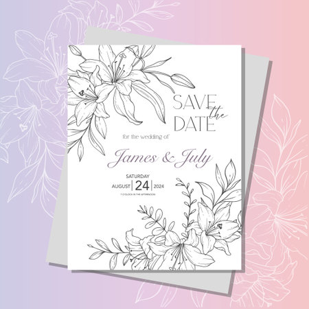 Line Art Lily Flower  Wedding Invitation template,  Outline Lily Minimalist Wedding Stationeryのイラスト素材