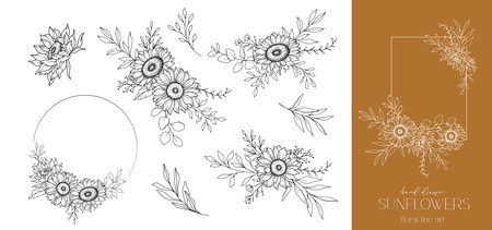 Sunflowers Line Drawing. Sunflower Frame Line Art. Floral frame. Floral Line Art. Fine Line Sunflower  illustration. Hand Drawn Outline flowers. Botanical Coloring Page. Wedding invitation flowersのイラスト素材