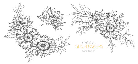 Sunflowers Line Art, Fine Line Sunflowers Hand Drawn Illustration. Fine Line Sunflowers illustration. Floral Line Art. Black and White Sunflowers Graphicsのイラスト素材