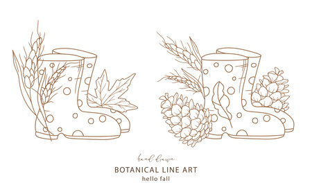 Rain Boots with wheat spike and Leaves. Fall arrangements isolated on white. Boots line art ilustration. Fall Hand Drawn Outline. Fall Coloring Page. Traditional Thanksgiving Graphicsのイラスト素材
