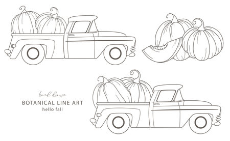 Harvest truck with pumpkins. Fall arrangements isolated on white. Harvest truck line art ilustration. Fall Hand Drawn Outline. Fall Coloring Page. Traditional Thanksgiving Graphicsのイラスト素材