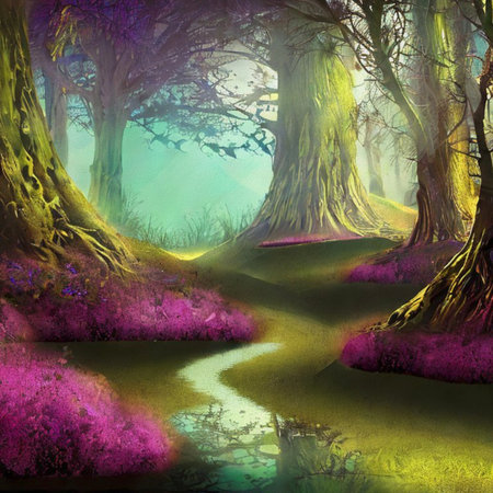 Fantasy landscape with magic forest and river. Digital art painting.の写真素材