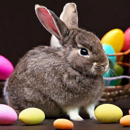Easter bunny with colorful eggs and basket of eggs on black background