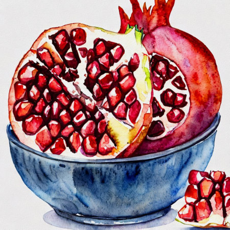 Watercolor illustration of pomegranate fruit in a bowl.の写真素材