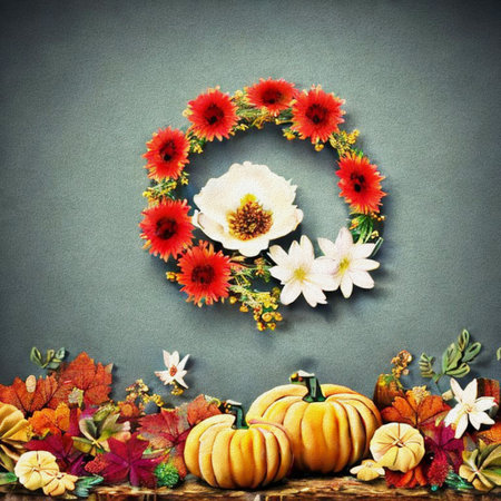 Autumn background with pumpkins, flowers and leaves. Vintage style.の写真素材