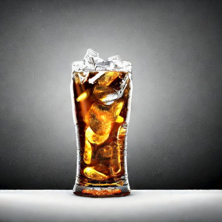 Glass of cola with ice cubes on a black background with copy space