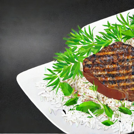 Grilled tuna fillet with rice and herbs on a black backgroundの写真素材