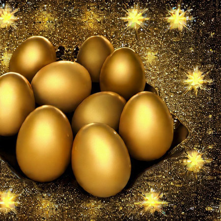 Golden Easter eggs on a golden background with a place for your textの写真素材