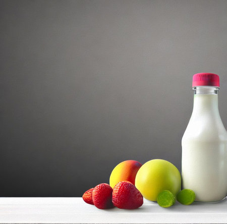 Bottle of milk and fresh fruits on white shelf against gray backgroundの写真素材