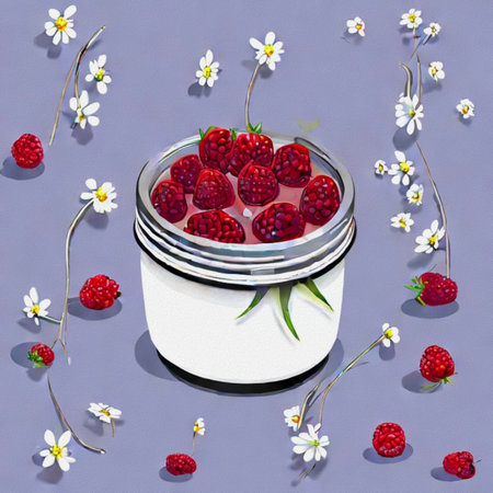 cosmetic cream with raspberries and daisies on a gray background