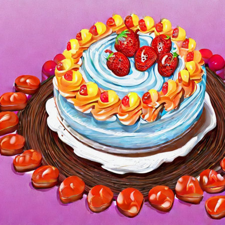 Painting of a birthday cake with strawberries and chocolate candies.