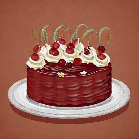 Illustration of a cake with cherries on a brown background.の写真素材