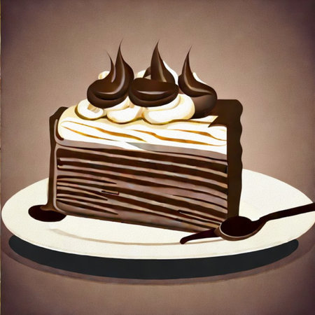 Illustration of a chocolate cake on a white plate with a spoonの写真素材