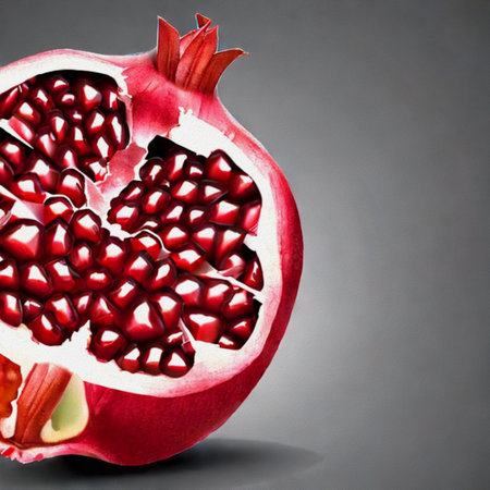 Ripe pomegranate fruit on a gray background with copy spaceの写真素材