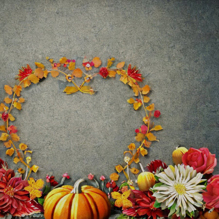 Autumn background with pumpkins, flowers and leaves. Space for textの写真素材