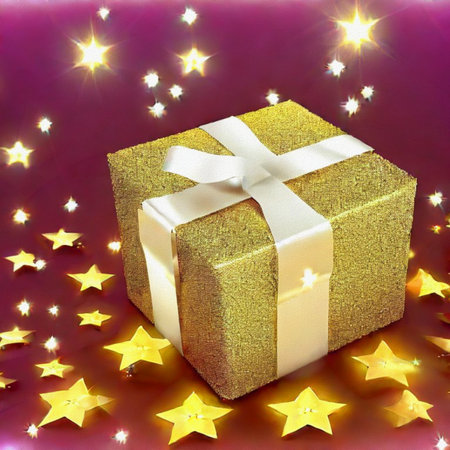 Gift box with gold bow on a purple background with stars.