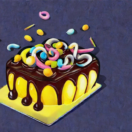 3D illustration of a chocolate cake with candies and jelly beans