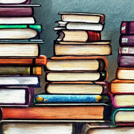 Stack of books on a wooden table. Watercolor painting illustration.の写真素材