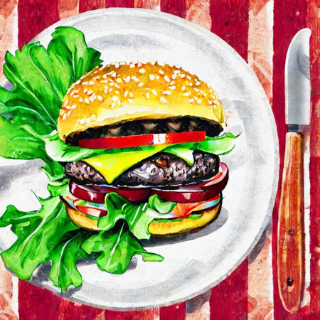 Hand drawn watercolor illustration of a hamburger on a plate.の写真素材