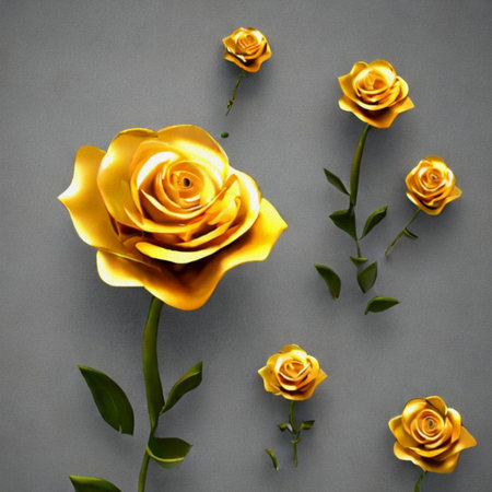 Beautiful yellow roses on gray background. Flat lay, top viewの写真素材