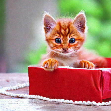 Cute ginger kitten sitting on a red box with a green backgroundの写真素材