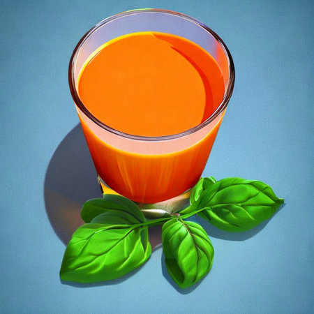 Glass of fresh carrot juice and basil leaves on a blue background.の写真素材