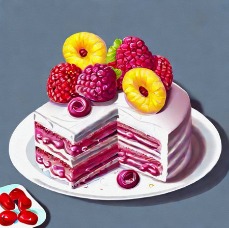 Drawing of a piece of cake with raspberries and cherries