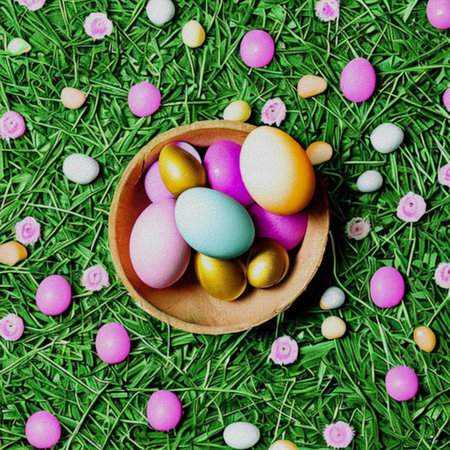 Colorful easter eggs in a wooden bowl on green grass background