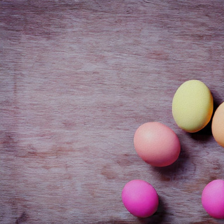 Colorful easter eggs on a wooden background. Toned.の写真素材