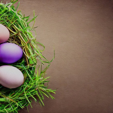 Easter eggs in a nest of green grass on a brown backgroundの写真素材
