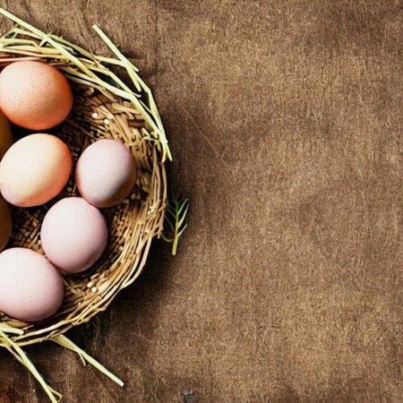 Easter eggs in a basket on a brown background with copy space