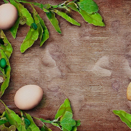 Easter eggs and green leaves on wooden background. top view