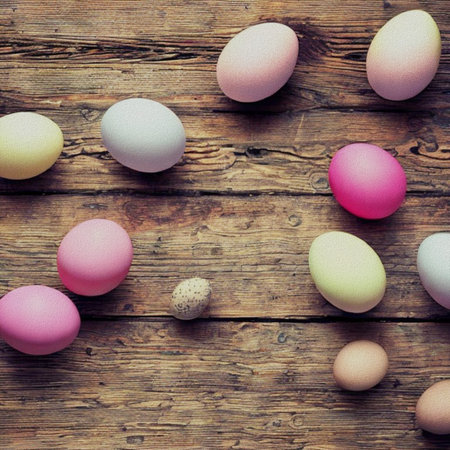 Colorful easter eggs on wooden background. Vintage style toned pictureの写真素材