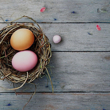 Easter eggs in a nest on a wooden background with copy spaceの写真素材