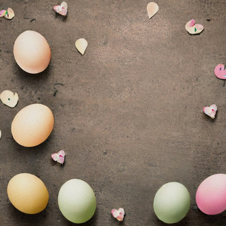 Colorful easter eggs on rustic background with space for text
