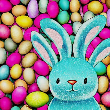 Easter bunny and colorful eggs background. Happy easter card.の写真素材