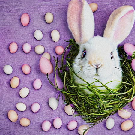 Easter bunny and Easter eggs in a nest on a purple wooden background