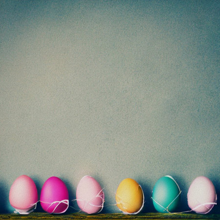 Easter eggs on wooden background with copy space. Vintage style toned pictureの写真素材
