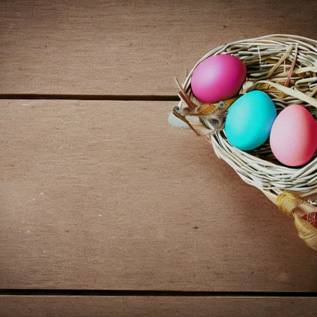 Colorful easter eggs in basket on wooden background. Toned.