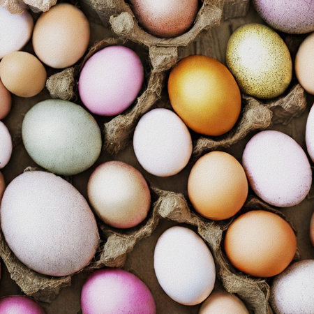 Colorful easter eggs in carton box. Top view.の写真素材