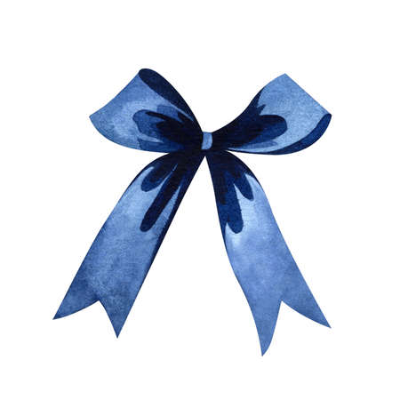 Watercolor illustration with blue satin silk bow. Set of illustrations of silk bows. Images are hand-drawn and isolated on white background.の写真素材